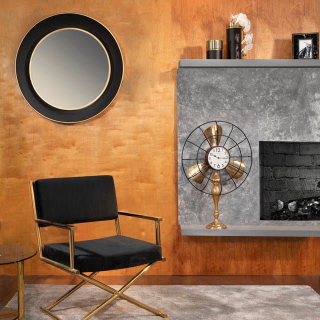35" Round Metal Mirror W/ Gold Rim in Black - HER Home Design Boutique